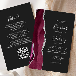 Budget Burgundy Silver Agate Dark QR Code Hochzeit