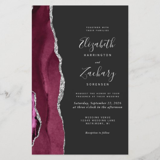 Budget Burgundy Silver Agate Dark QR Code Hochzeit (Vorderseite)