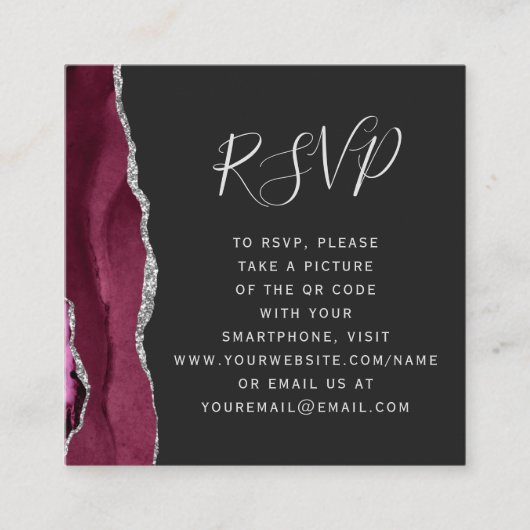 Budget Burgundy Silver Agate Dark QR Code RSVP Begleitkarte (Vorderseite)