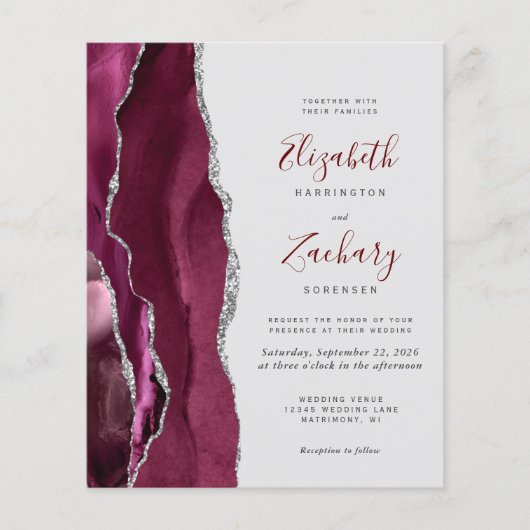 Budget Burgundy Silver Agate Gray Wedding Invite (Vorderseite)