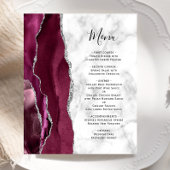 Budget Burgundy Silver Agate Marble Wedding Menü