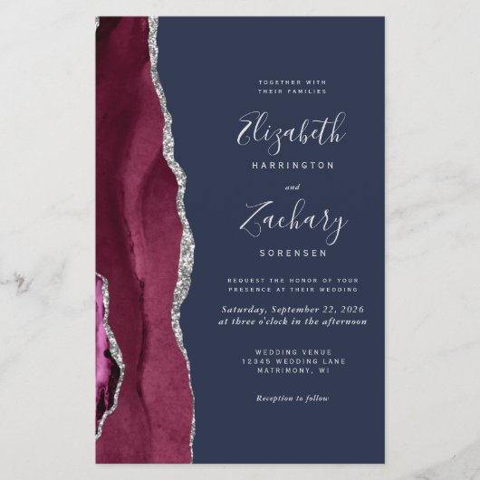 Budget Burgundy Silver Agate Navy Blue Wedding (Vorderseite)
