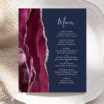 Budget Burgundy Silver Agate Navy Hochzeitsmenü<br><div class="desc">Die links Seite dieses eleganten,  modernen Hochzeitsmenüs besticht durch einen bordeauxroten Aquarellrand,  der mit Imitaten aus silberem Glitzer bestickt ist. Der anpassbare Text kombiniert handgeschriebene Skripte und Copperplate-Schriftart in silbergrau auf marineblau Hintergrund. Auf der Rückseite ist ein passendes bordeauxfarbenes und silberfarbenes Design zu sehen.</div>