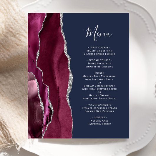 Budget Burgundy Silver Agate Navy Hochzeitsmenü