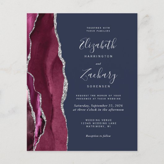 Budget Burgundy Silver Agate Navy QR Code Hochzeit (Vorderseite)