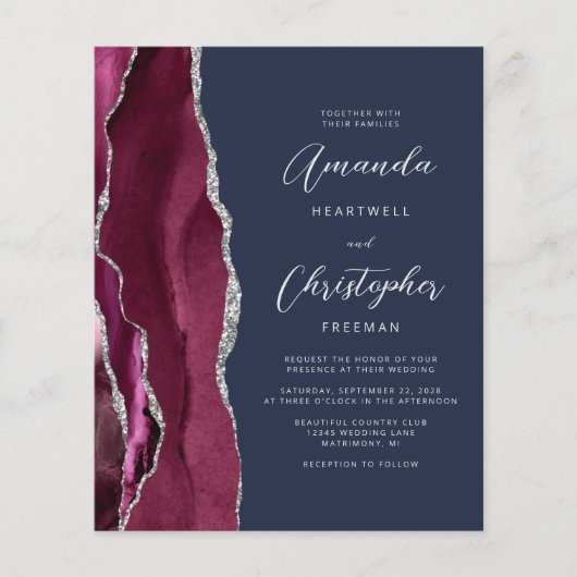 Budget Burgundy Silver Agate Navy QR Code Hochzeit (Vorderseite)