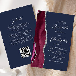 Budget Burgundy Silver Agate Navy QR Code Hochzeit