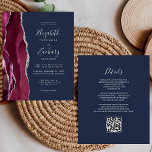 Budget Burgundy Silver Agate Navy QR Code Hochzeit<br><div class="desc">Der links Rand dieser eleganten,  modernen Hochzeitseinladung besticht durch einen bordeauxroten,  mit silberfarbenem Imitat-Glitzer bestickten Aquarellrand. Der anpassbare Text kombiniert silbergraue Handschrift,  Copperplate und kursiv Schriftart auf marinebasischem Hintergrund. Fügen Sie zusätzliche Details auf der Rückseite,  zusammen mit einem QR-Code,  um Ihren Gästen zu helfen,  besuchen Sie Ihre Hochzeitswebsite.</div>