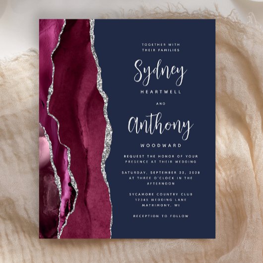 Budget Burgundy Silver Agate Navy Skript Hochzeit