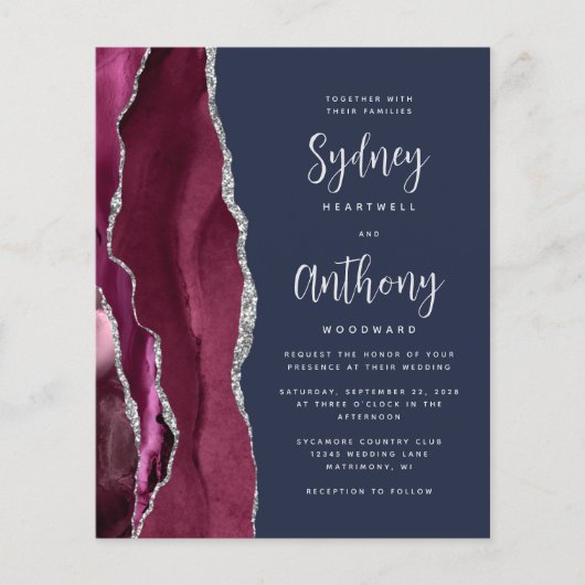 Budget Burgundy Silver Agate Navy Skript Hochzeit (Vorderseite)