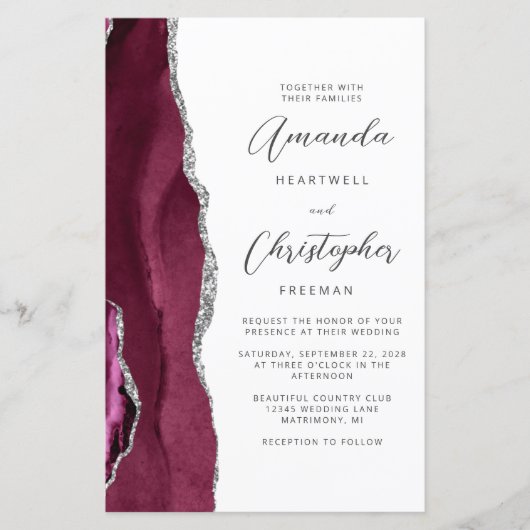 Budget Burgundy Silver Agate QR Code Hochzeit (Vorderseite)