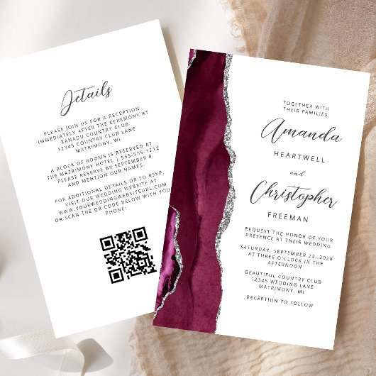 Budget Burgundy Silver Agate QR Code Hochzeit