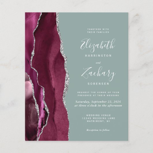 Budget Burgundy Silver Agate Sage Green Wedding (Vorderseite)