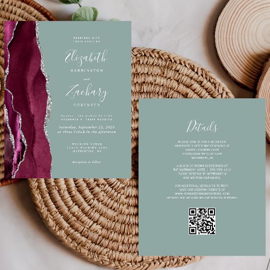 Budget Burgundy Silver Agate Sage QR Code Hochzeit