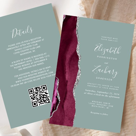 Budget Burgundy Silver Agate Sage QR Code Hochzeit