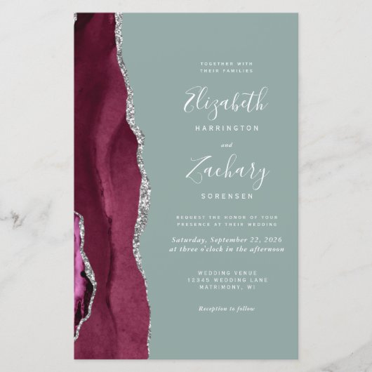 Budget Burgundy Silver Agate Sage QR Code Hochzeit (Vorderseite)