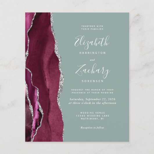 Budget Burgundy Silver Agate Sage QR Code Hochzeit (Vorderseite)