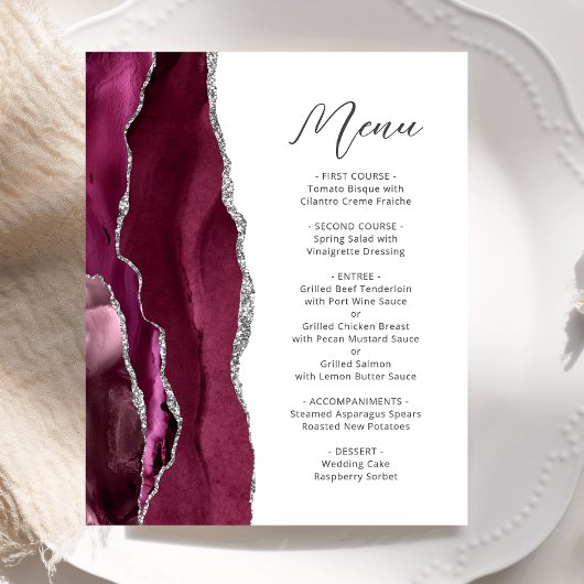 Budget Burgundy Silver Agate Script Wedding Menü