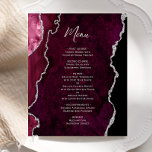 Budget Burgundy Silver Agate Wedding Menu<br><div class="desc">This elegant modern wedding menu features a burgundy red watercolor agate background trimmed with faux silver glitter. The customizable text combines silver gray handwriting script and copperplate fonts. The reverse side features a matching burgundy and silver agate design.</div>