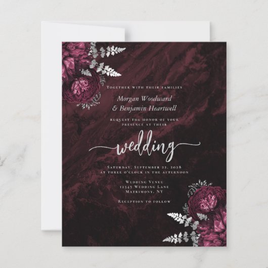 Budget Burgundy Silver Floral QR Code Hochzeit (Vorderseite)