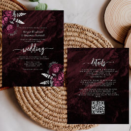 Budget Burgundy Silver Floral QR Code Hochzeit