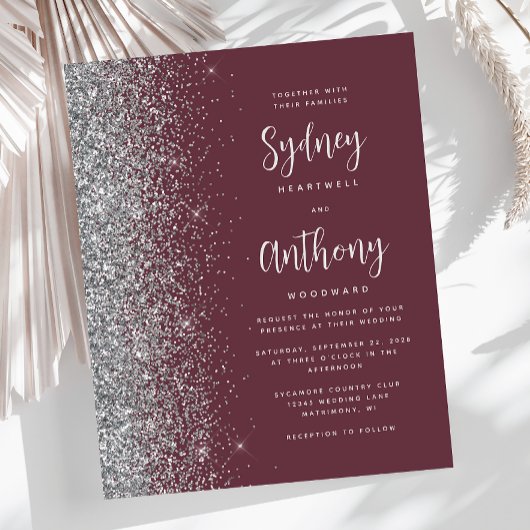Budget Burgundy Silver Glitzer Calligrafy Wedding