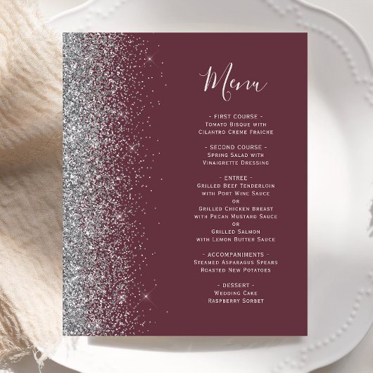 Budget Burgundy Silver Glitzer Edge Wedding Menu