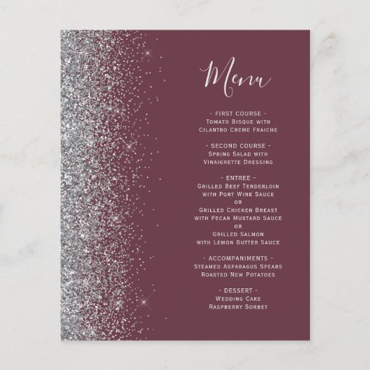 Budget Burgundy Silver Glitzer Edge Wedding Menu (Vorderseite)