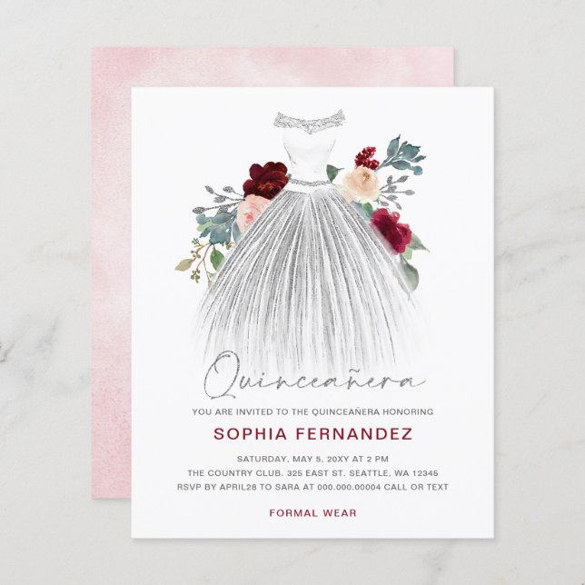 Budget Burgundy Silver Glitzer Kleid Quinceañera (Vorne/Hinten)