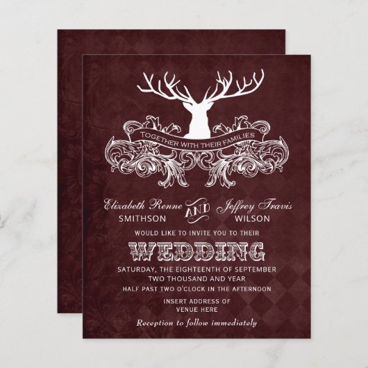 Budget Burgundy Stag Wedding Einladung (Vorne/Hinten)