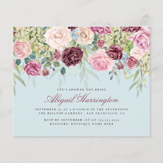 Budget Burgundy Watercolor Floral Brautparty (Vorderseite)