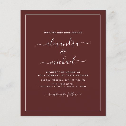 Budget Burgundy Wedding Modern Typografy Flyer (Vorne)