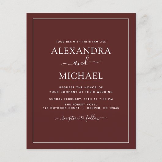 Budget Burgundy Wedding Modern Typografy Flyer (Vorne)
