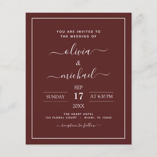 Budget Burgundy Wedding Modern Typografy Flyer (Vorne)
