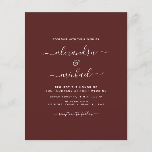 Budget Burgundy Wedding Moderne Typografie Flyer (Vorne)