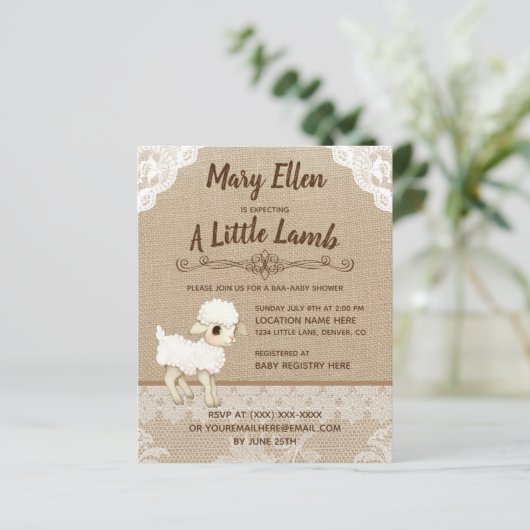 BUDGET Burlap Little Lamb Babydusche Einladung (Stehend Vorderseite)