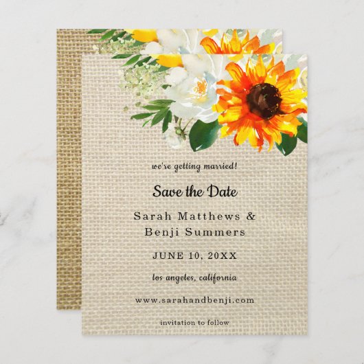Budget Burlap Sunflower & Whi Floral Save the Date (Vorne/Hinten)
