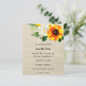 Budget Burlap Sunflower & Whi Floral Save the Date (Stehend Vorderseite)