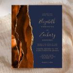 Budget Burnt Orange Agate Blue Wedding Invitation<br><div class="desc">The left-hand edge of this elegant modern wedding invitation features a burnt orange watercolor agate border trimmed with faux gold glitter. The customizable text combines gold colored handwriting,  copperplate and italic fonts on a dark navy blue background. The reverse side features a matching burnt orange and gold agate design.</div>