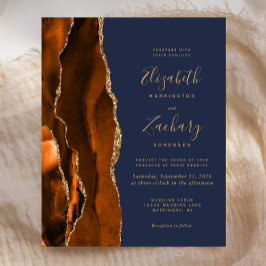Budget Burnt Orange Agate Blue Wedding Invitation