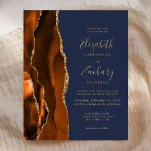 Budget Burnt Orange Agate Blue Wedding Invitation
