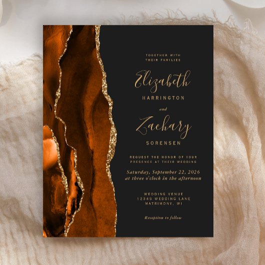 Budget Burnt Orange Agate Dark Wedding Einladung