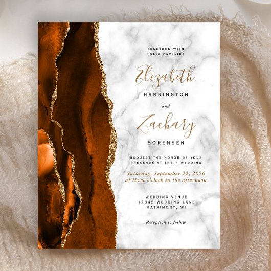 Budget Burnt Orange Agate Marble Wedding Invite