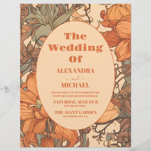 Budget Burnt Orange Floral Art Nouveau Hochzeit Flyer (Vorne)