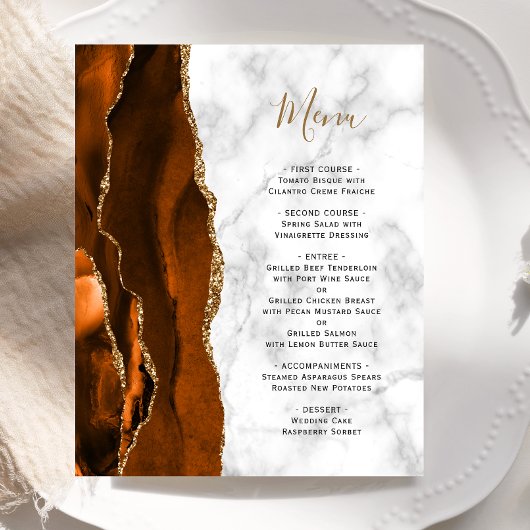 Budget Burnt Orange Gold Achatmarmor Hochzeitsmenü