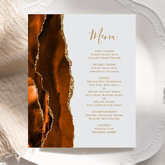 Budget Burnt Orange Gold Agate Gray Wedding Menü