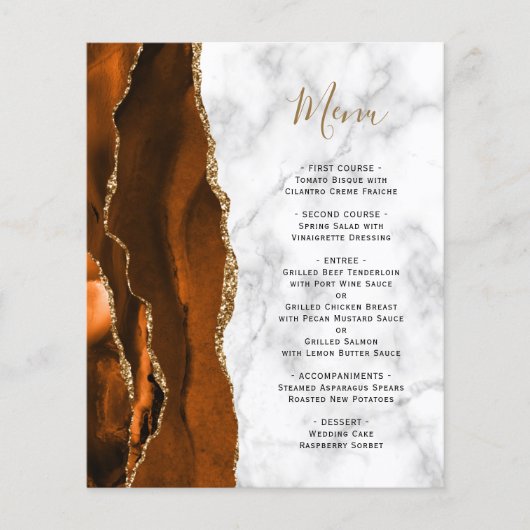 Budget Burnt Orange Gold Agate Marble Wedding Menu (Vorderseite)