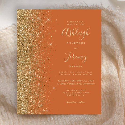Budget Burnt Orange Gold Glitzer Hochzeit Einladun