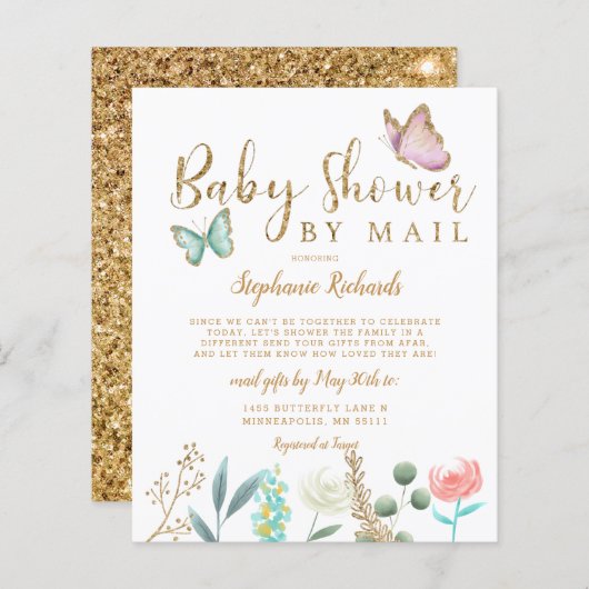 Budget Butterfly Gold Babydusche per Mail Einladun (Vorne/Hinten)