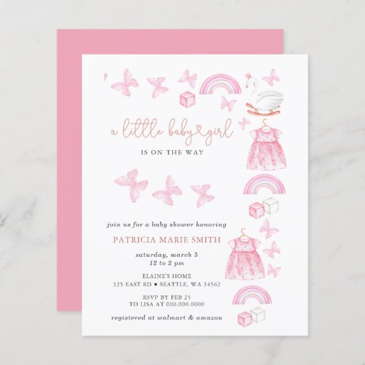 Budget Butterfly Pink Girl Baby Shower Invite (Vorne/Hinten)